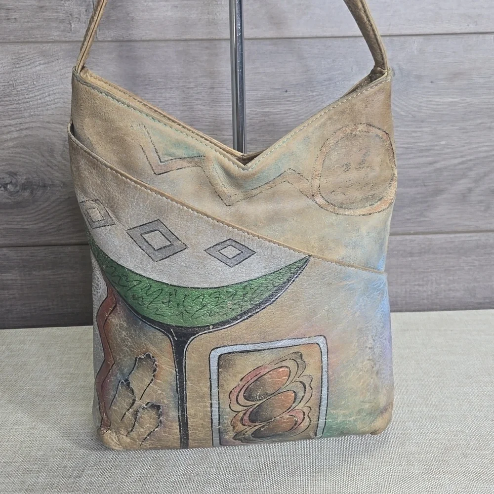 Anuschka Hand Painted Tan Leather Shoulder Bag